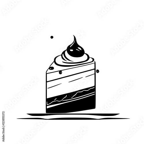 A delectable slice of layered cake, adorned with whipped cream and a chocolate topping. This mouthwatering dessert is perfect for satisfying any sweet tooth.