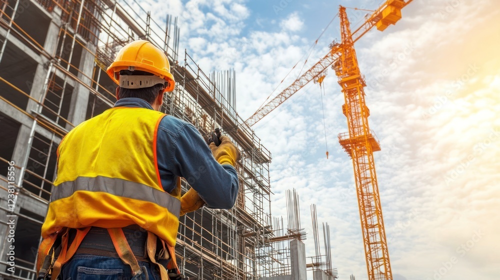 Construction worker overseeing a building site with a crane and cloudy sky in the background. Construction worker overseeing a building site with a crane and cloudy sky in the background.