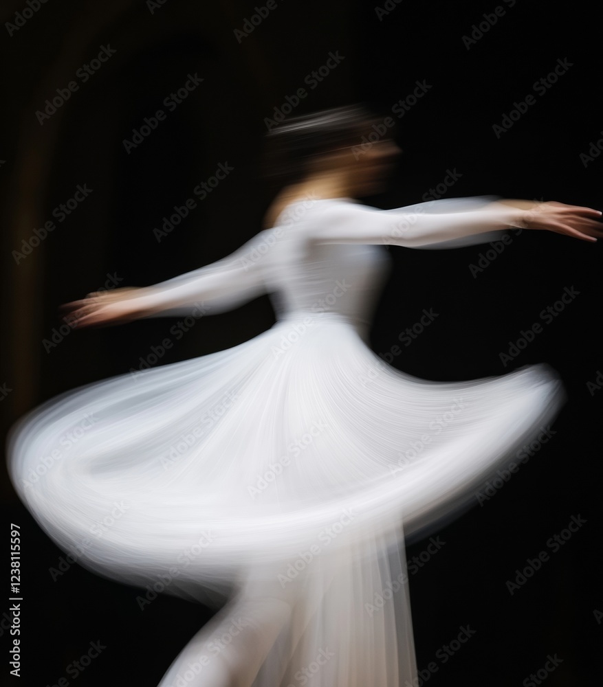 Fototapeta premium Graceful Easter Elegance Ethereal Dance Motion in White on Dark Church Canvas - Spring Holiday Imagery for Cultural Marketing and Artful Event Ambiance