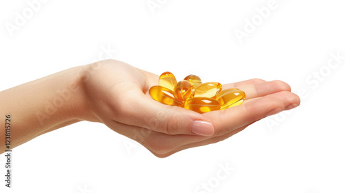 Woman hand holding omega 3 fish oil capsules on transparent background