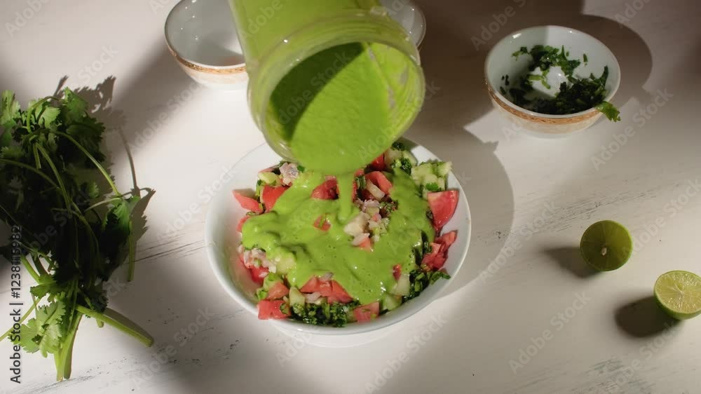 Lady adding a green sauce to fish ceviche
