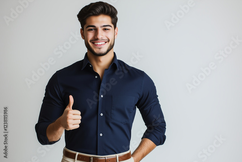 Confident Young Man Giving a Thumbs-Up Gesture in Stylish Attire.  A confident young man with a well-groomed beard and stylish navy blue shirt, smiling and giving a thumbs-up gesture