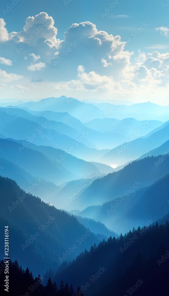 Fototapeta premium Misty blue mountains layered in soft shades of blue. Foggy morning light paints landscape. Silhouette of trees on hillsides. Tranquil, serene panorama. Perfect for nature lovers, seeking calming