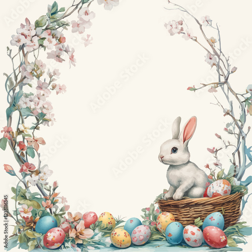 Easter basket with eggs and bunny decorated with flowers. Happy easter.