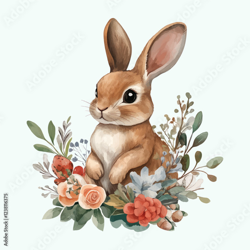 Easter basket with eggs and bunny decorated with flowers. Happy easter.
