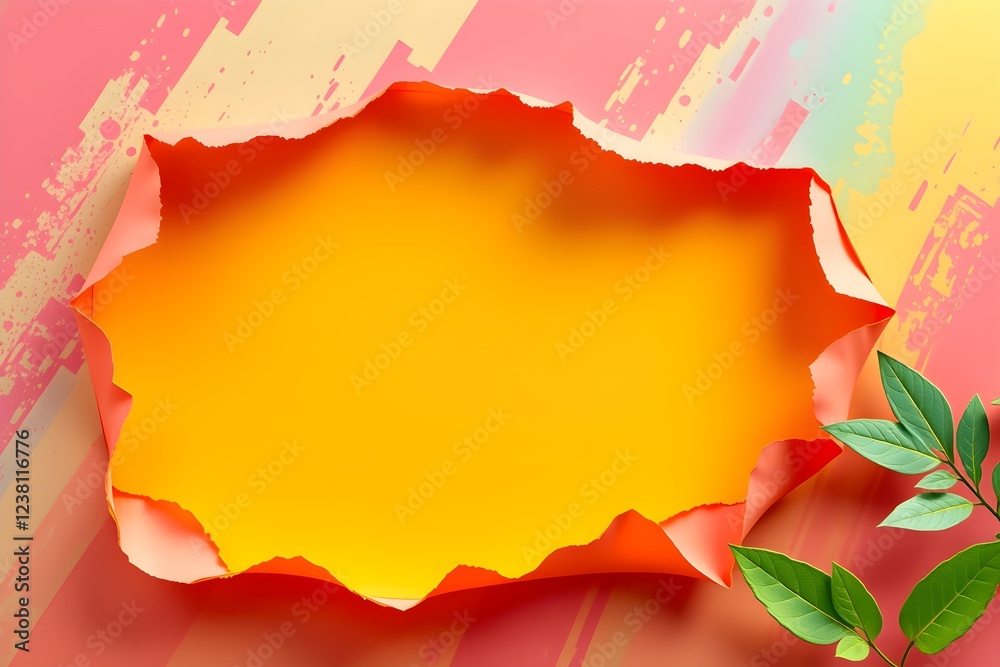 Obraz premium Torn Paper with Vibrant Green Leaves Against Colorful 3D-Rendered Background