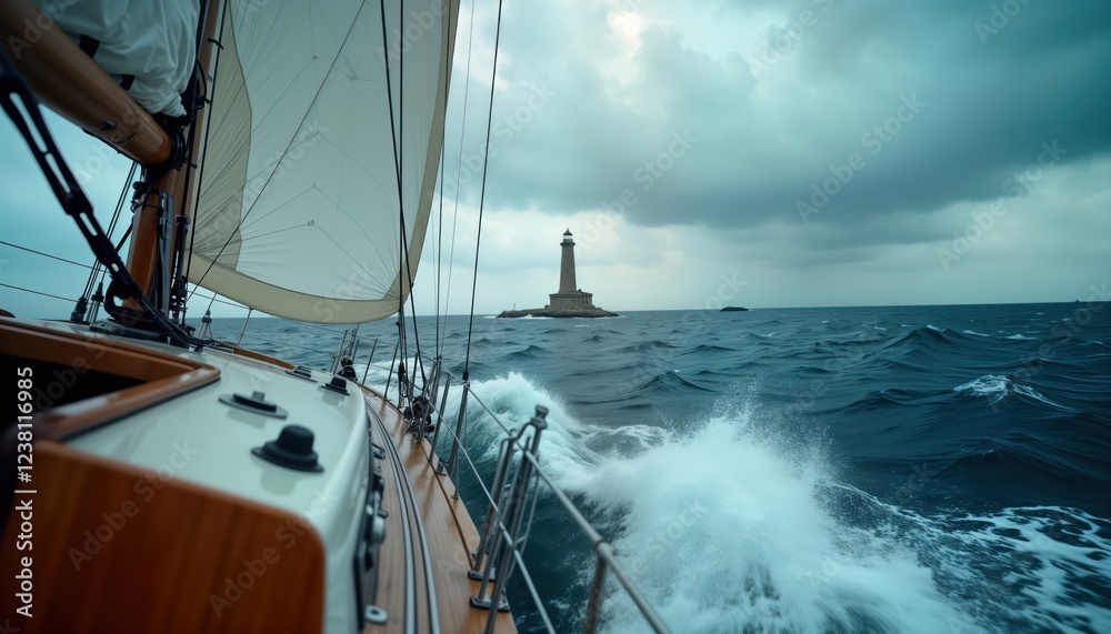 Obraz premium Sailboat navigates stormy ocean. Waves crash around sailboat. Lighthouse visible in distance. Ocean scenery. Turbulent water. Sailing adventure. Ocean voyage. Stormy weather conditions. Sea