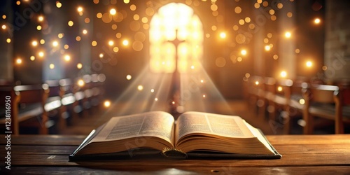 Illuminated scripture in a church setting with soft glowing lights, holy book