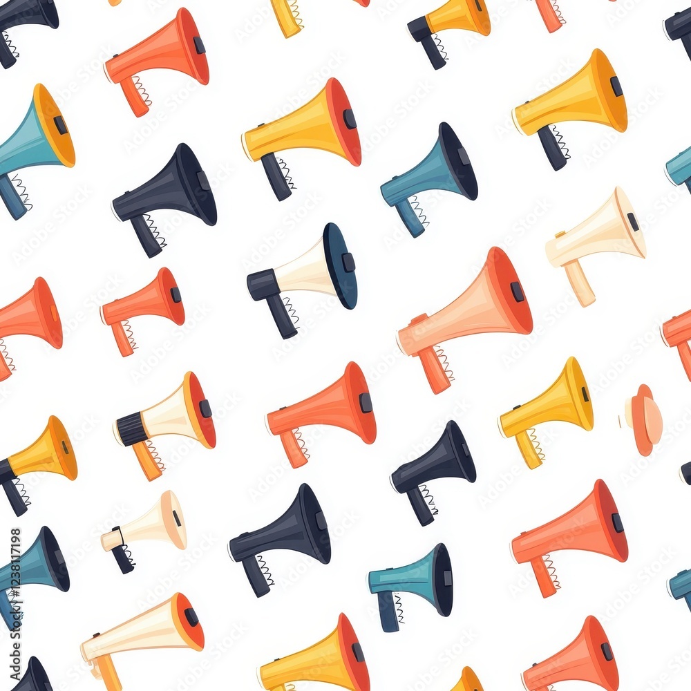Obraz premium Flat style seamless pattern with various megaphones, isolated on a white background, lively.