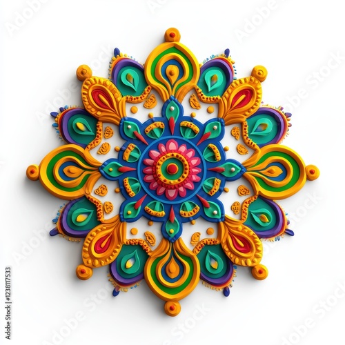 traditional Indian rangoli design with geometric shapes and bright colors, placed on a bright white background