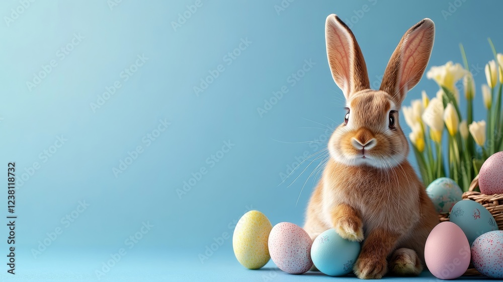 Obraz premium Easter banner with cute bunny with colorful eggs on blue background with space for text