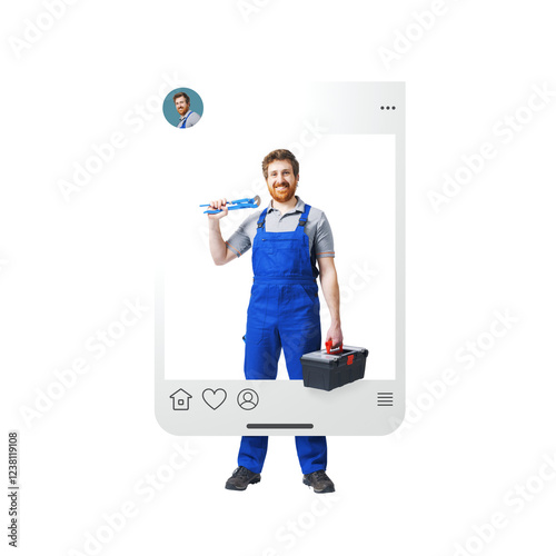 Smiling plumber inside a social media post photo