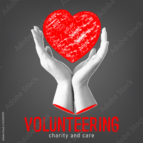 Volunteering. Halftone collage banner. Human hands holding hand drawn heart. Donation, charity and care concept. Trendy vector design