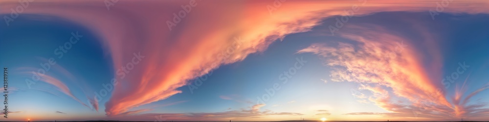 Fototapeta premium Dramatic sunset sky panorama shows bright pink cirrus clouds. Beautiful colors, cloudscape. Evening twilight scene. Seamless 360 degree view perfect for 3D visualization. Aerial drone shot. Stunning