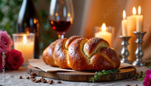 Braided bread challah, wine displayed on wooden table. Candles lit around. Symbolic scene represents traditional Sabbath ritual. Warm atmosphere, inviting scene. Traditional custom, celebration of photo