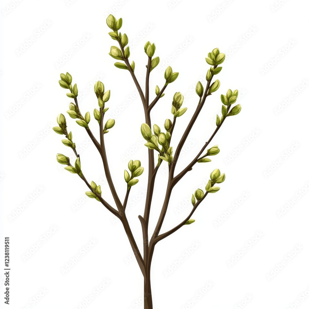 Spring branch with green buds and shoots on white background, photo Spring branch with green buds and shoots on white background, photo