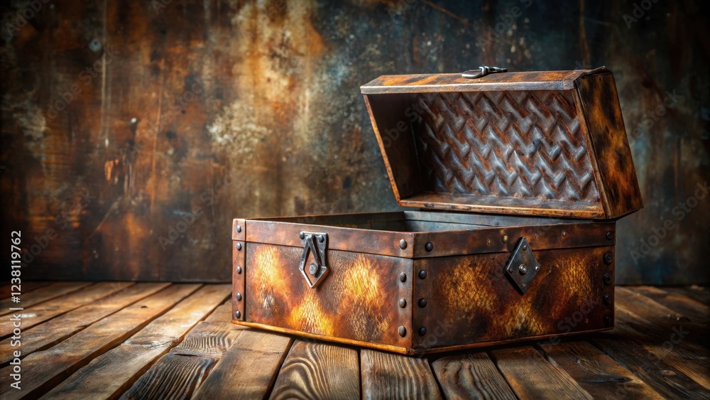 An old metal box with a rusty black diamond plate background and a worn wooden lid open on a table, metal decoration, vintage decor An old metal box with a rusty black diamond plate background and a worn wooden lid open on a table, metal decoration, vintage decor
