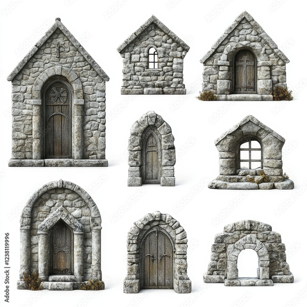 Fototapeta premium Collection of Stone Structures: Detailed Illustrations of Artistic Doorways and Windows for Design Use
