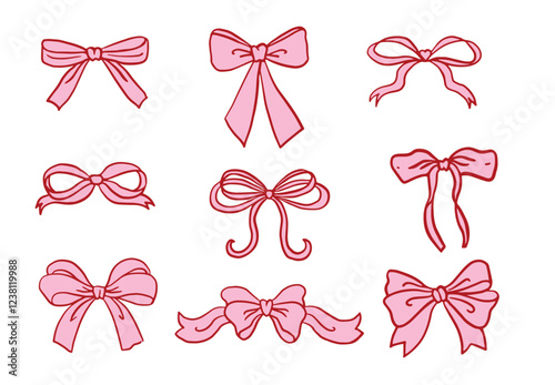 Hand drawn pink bows of whimsical style. Cute pink ribbon bow collection vector