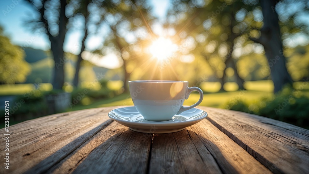 close-up of a wooden table with a white cup and saucer on it. The background is blurred, but it appears to be a beautiful landscape with trees and greenery. close-up of a wooden table with a white cup and saucer on it. The background is blurred, but it appears to be a beautiful landscape with trees and greenery.