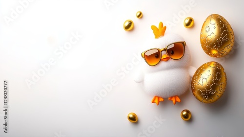 3D banner with an image of a chicken wearing glasses and golden eggs on a white background , with free space for text.