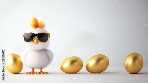 3D banner with an image of a chicken wearing glasses and golden eggs on a white background with free space for text.