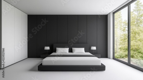 Spacious Modern Bedroom Design Featuring Minimalist Aesthetics and Natural Light Through Large Windows