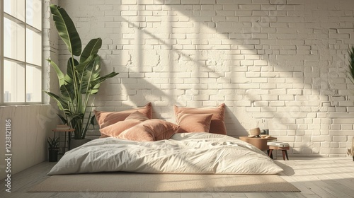 A minimalist bedroom with a white bedding brown pillow near a houseplant against a white brick wall bathed in sunlight.