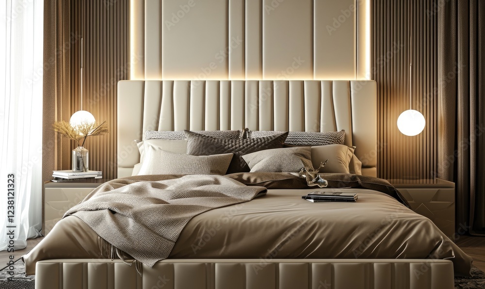Stylish modern bedroom with a brown bed near a hanging lamp with a sleek headboard and luxurious bedding. Beige Bedroom Interior Design
