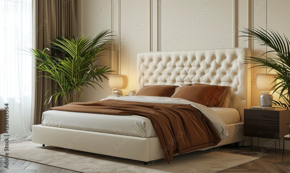 Luxurious beige bedroom with a tufted headboard bed with brown bedding, green houseplants and lamps on dark wood nightstands. Elegant beige bedroom