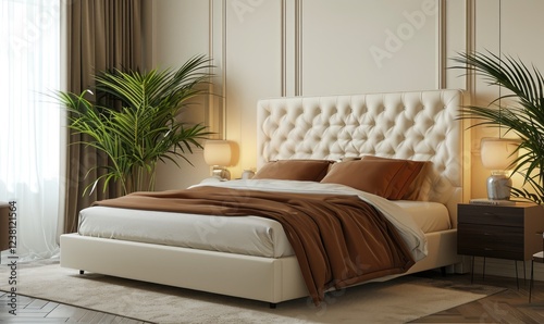 Obraz na płótnie Luxurious beige bedroom with a tufted headboard bed with brown bedding, green houseplants and lamps on dark wood nightstands. Elegant beige bedroom w salonie