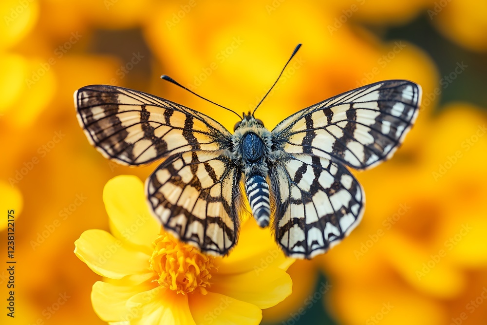 Obraz premium A Chequered Skipper, its pattern resembling a checkered board, on a bright yellow buttercup.