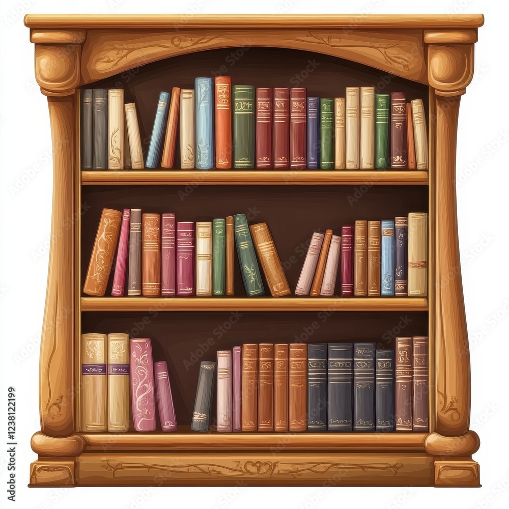 Wooden Bookshelf Illustration: A detailed view of a classic wooden bookshelf filled with colorful books, ideal for literary themes. Wooden Bookshelf Illustration: A detailed view of a classic wooden bookshelf filled with colorful books, ideal for literary themes.