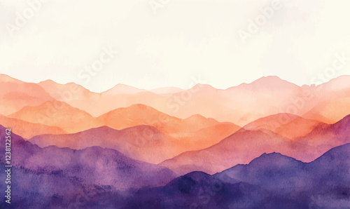 Background orange and purple watercolor texture on paper. A simple silhouette of jagged mountains 