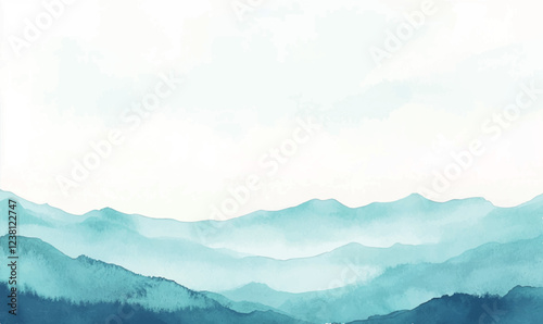 watercolor background, blue mountain landscape with clouds