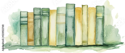 Muted green and pale yellow watercolor simple silhouette of stacked books