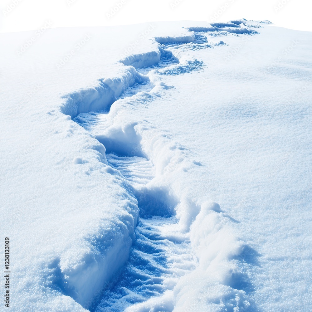Obraz premium Winter Landscape: Deep Snow Tracks Leading Through a Pristine White Terrain, Ideal for Seasonal Themes and Nature Projects