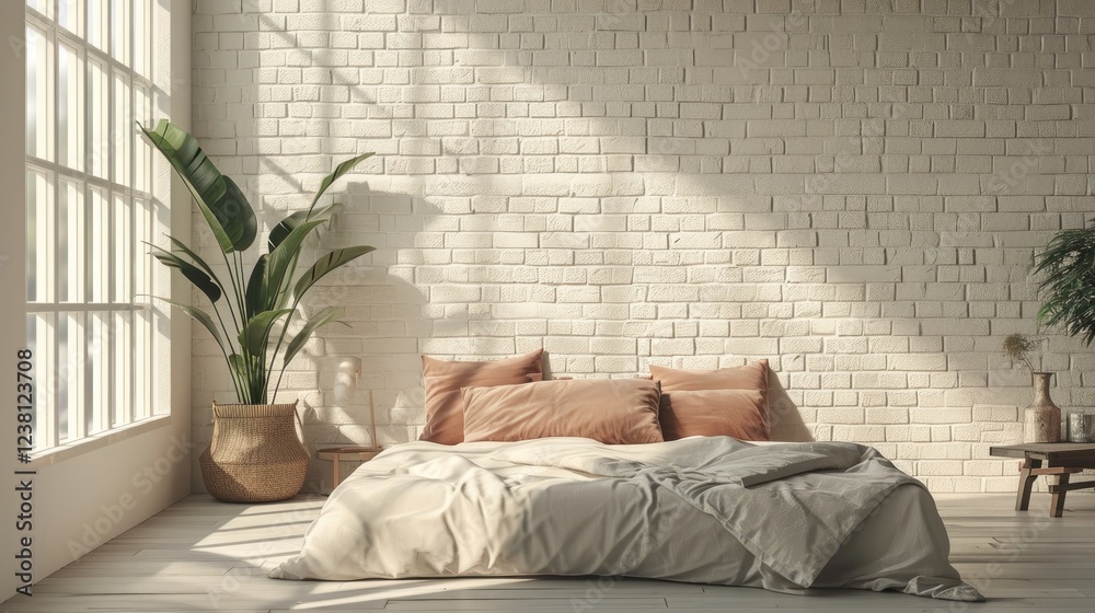 Bedroom, a sunlit unmade bed and brown pillows near a green plant against a textured white brick wall