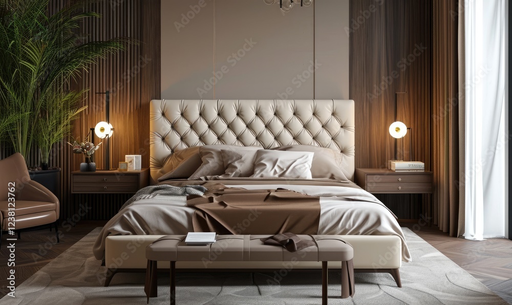 Stylish modern bedroom with a luxurious brown bedsheet with nightstand in wooden wall background