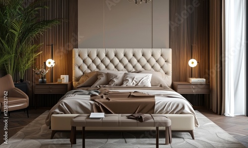 Obraz na płótnie Stylish modern bedroom with a luxurious brown bedsheet with nightstand in wooden wall background w salonie