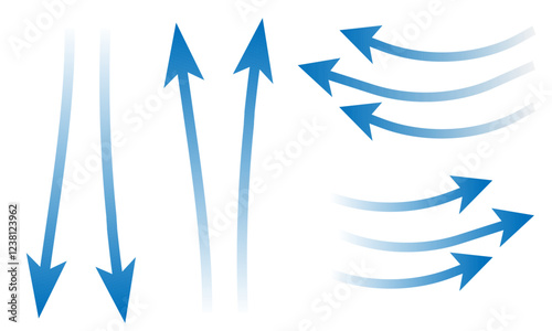 Air flow. Set of blue arrows showing direction of air movement sings. air and Wind direction arrows. Blue cold fresh stream from the conditioner. Vector illustration isolated on white background.eps10