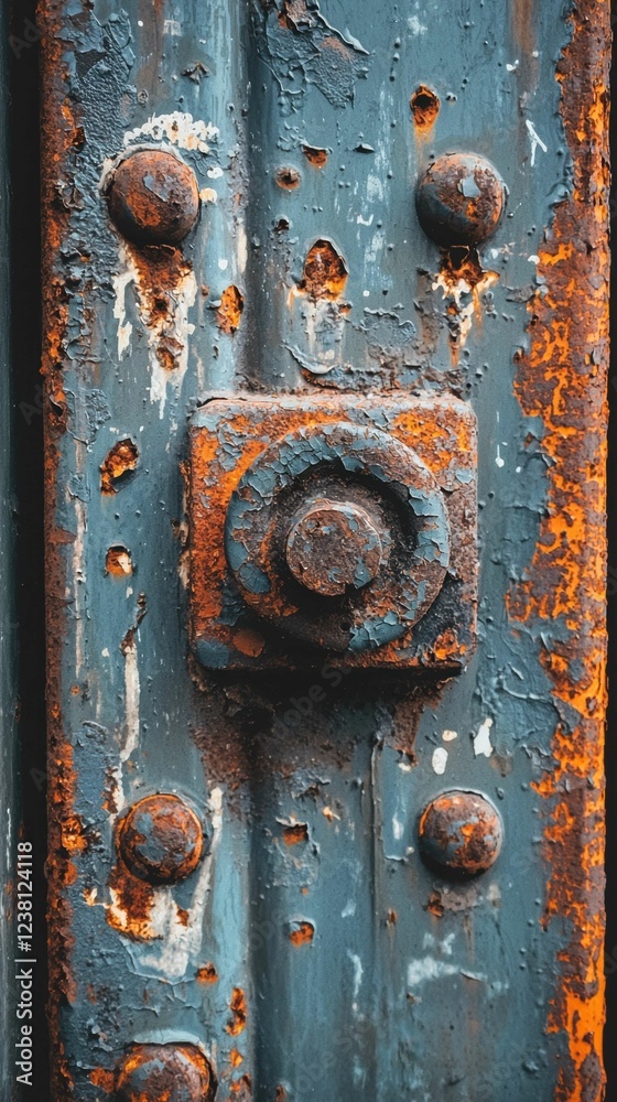 Rusty metal surface with bolts and textured blue paint detail Rusty metal surface with bolts and textured blue paint detail