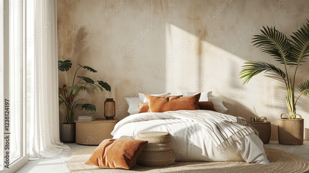 Minimal boho bedroom with a white bed and brown pillows near potted plants above the rug. calming relaxing room atmosphere.