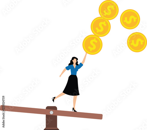 Loss of balance, instability of financial investments, financial risks and crises, reliability and safety of investment products, levers supported by businesswomen losing balance gold coins tumbling d