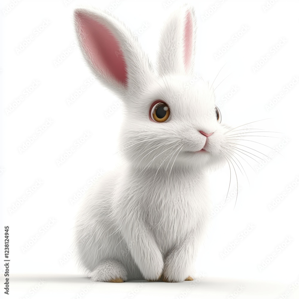 Fototapeta premium White fluffy rabbit with big ears, placed on a bright white background