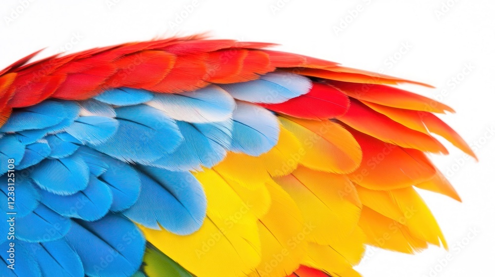 Obraz premium Vibrant and Colorful Bird Feather Close-Up Showcasing Red, Blue, Yellow and Green Tones Against a Clean White Background