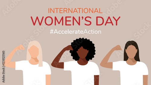 Banner with faceless women of different nationalities with raised hand demonstrating strength, muscles. March 8, International Women's Day. Inspirational inclusivity. Flat vector illustration EPS10