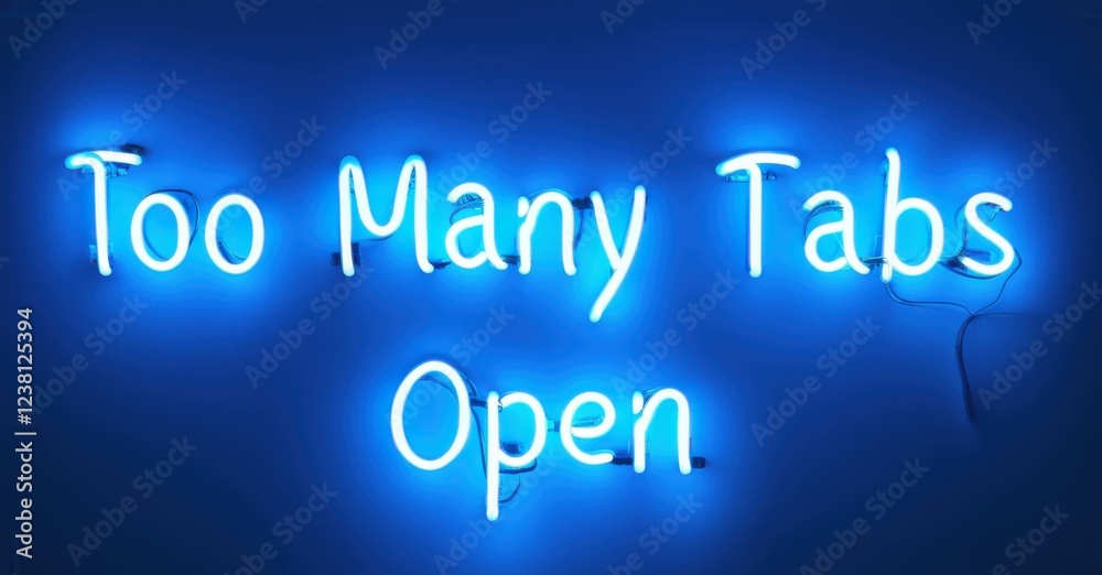 Electric neon letters spelling Too Many Tabs Open glowing in deep blue against a dark background, humorously capturing the feeling of mental overload and digital chaos Electric neon letters spelling Too Many Tabs Open glowing in deep blue against a dark background, humorously capturing the feeling of mental overload and digital chaos