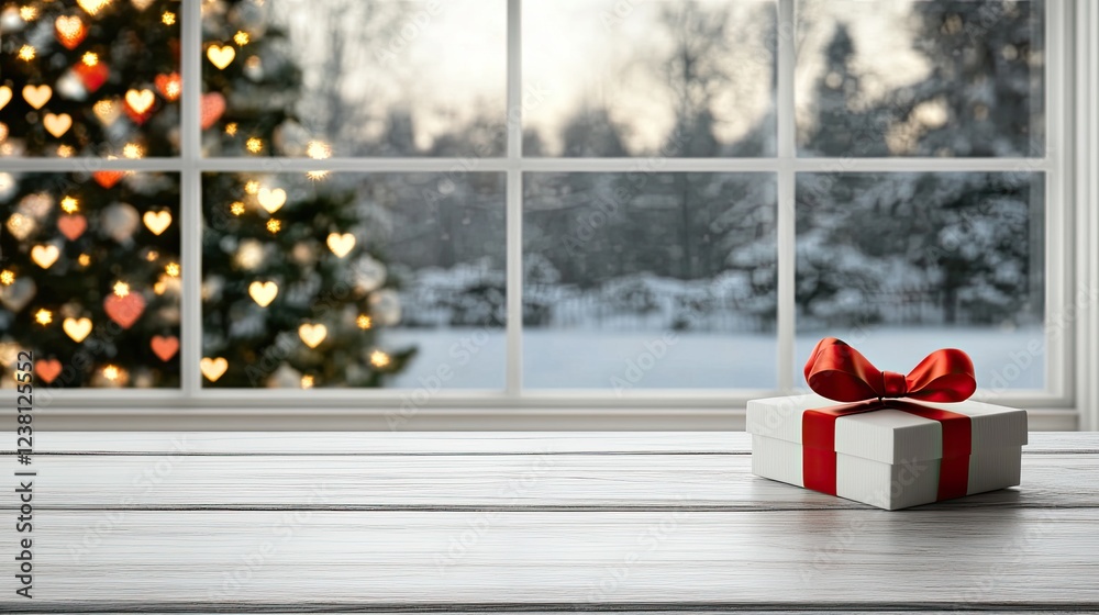 Fototapeta premium A beautifully wrapped gift box sits on a white wooden table against a backdrop of heart-shaped bokeh lights, creating a romantic atmosphere
