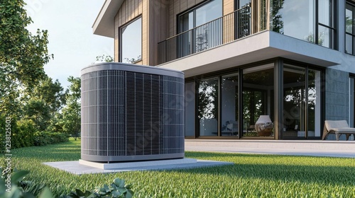 Modern Air Conditioning Unit Outside Stylish Home on Sunny Day